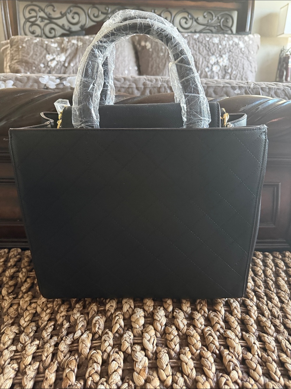 Black Quilted Top-Handle Satchel with Gold Hardware - Picture 2 of 8